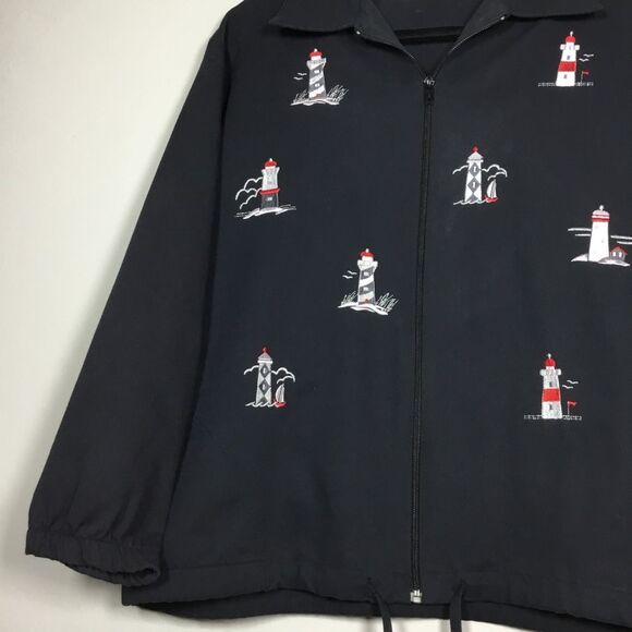 Black jacket with embroidered lighthouses drawstring waist zipper front size L - Picture 4 of 9